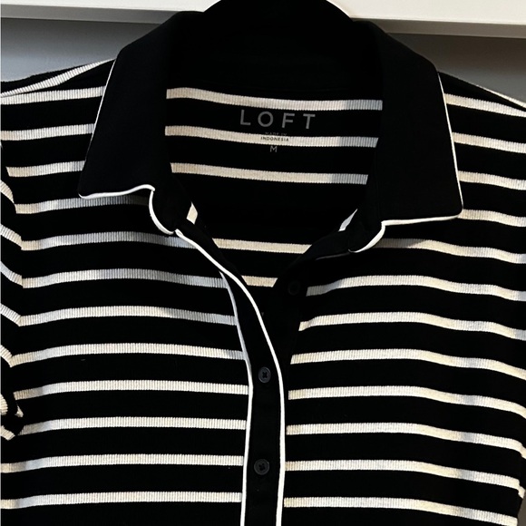 EUC LOFT Black & White Striped Polo Style Top w/ 3/4 Sleeves in Size Medium - Picture 2 of 5